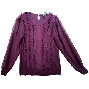 White House Black Market Women's  Ruffle Top Sheer Sleeve Blouse Size M Purple